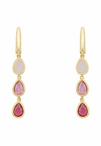 Arany fülbevalók, három csepp alakú kővel: világos rózsaszín a tetején, követi a mélyebb rózsaszín, majd az alján sötét piros.