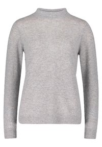 Light grey sweater, round neckline, ribbed cuffs and hem, made of soft knit material, featuring a simple, unembellished design.