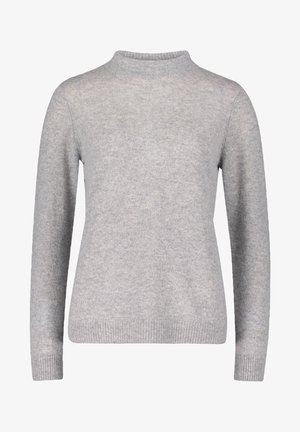 Vaaleanharmaa neule, pyöreä pääntie, ribbireunat hihoissa ja helmassa, pehmeästä neuloksesta valmistettu, yksinkertainen ja ilman koristeita.