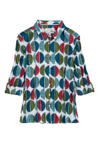 Collared shirt featuring a white base with colorful circular patterns in red, green, and blue. Long sleeves with buttoned cuffs. Textured fabric.