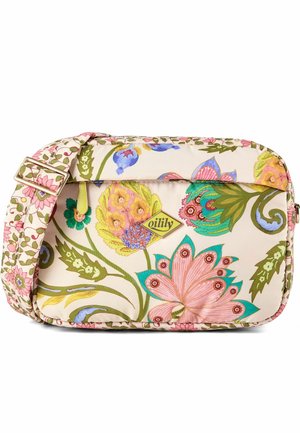 Bolso de hombro con correa ajustable con motivos florales coloridos en rosa, verde, azul y amarillo sobre un fondo color crema.