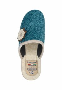 Pantofole turchesi con tessuto testurizzato, dotate di un accento floreale, interno beige chiaro e suola decorata con il marchio.