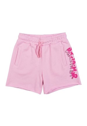 Pantaloncini con vita elasticizzata rosa chiaro, dotati di tasche frontali e testo stilizzato rosa acceso sulla gamba destra.