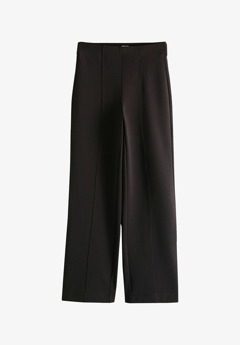 Pantalon noir à jambes larges avec détails de plis sur le devant et une taille haute.