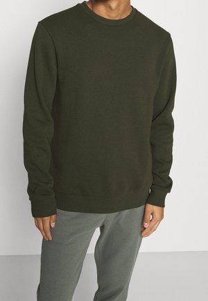 Felpa verde scuro con collo tondo, maniche lunghe e polsini a costine, realizzata in un morbido tessuto. Indossata sopra pantaloni grigi chiari.