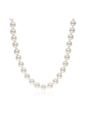 String of round, white pearls evenly sized, featuring a smooth, glossy surface. The necklace has a classic design and appears unadorned.