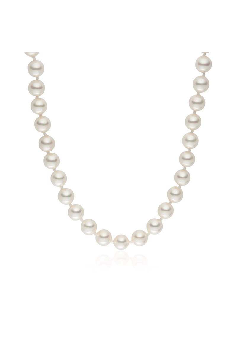 String of round, white pearls evenly sized, featuring a smooth, glossy surface. The necklace has a classic design and appears unadorned.