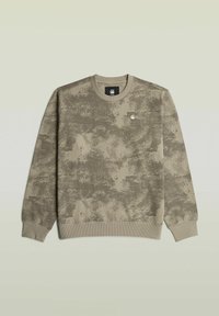 Sweatshirt met lange mouwen en ronde hals met beige en grijs abstract camouflagepatroon en klein logo op de borst, met geribbelde boorden en zoom.