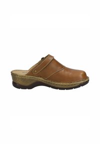 Brown leather clog with a rounded toe, stitched detailing, and a textured, raised heel. Features a backless design and side strap.
