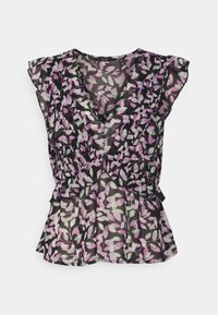 Blouse noire à fleurs avec un design cache-cœur, manches évasées et taille péplum. Motif comprenant des feuilles roses et vertes sur un tissu transparent.