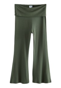 Schlagleggings in Olivgrün mit breitem Bund und glatter Textur, aus dehnbarem Material für Komfort und Bewegungsfreiheit gefertigt.