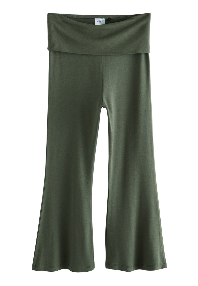 Schlagleggings in Olivgrün mit breitem Bund und glatter Textur, aus dehnbarem Material für Komfort und Bewegungsfreiheit gefertigt.