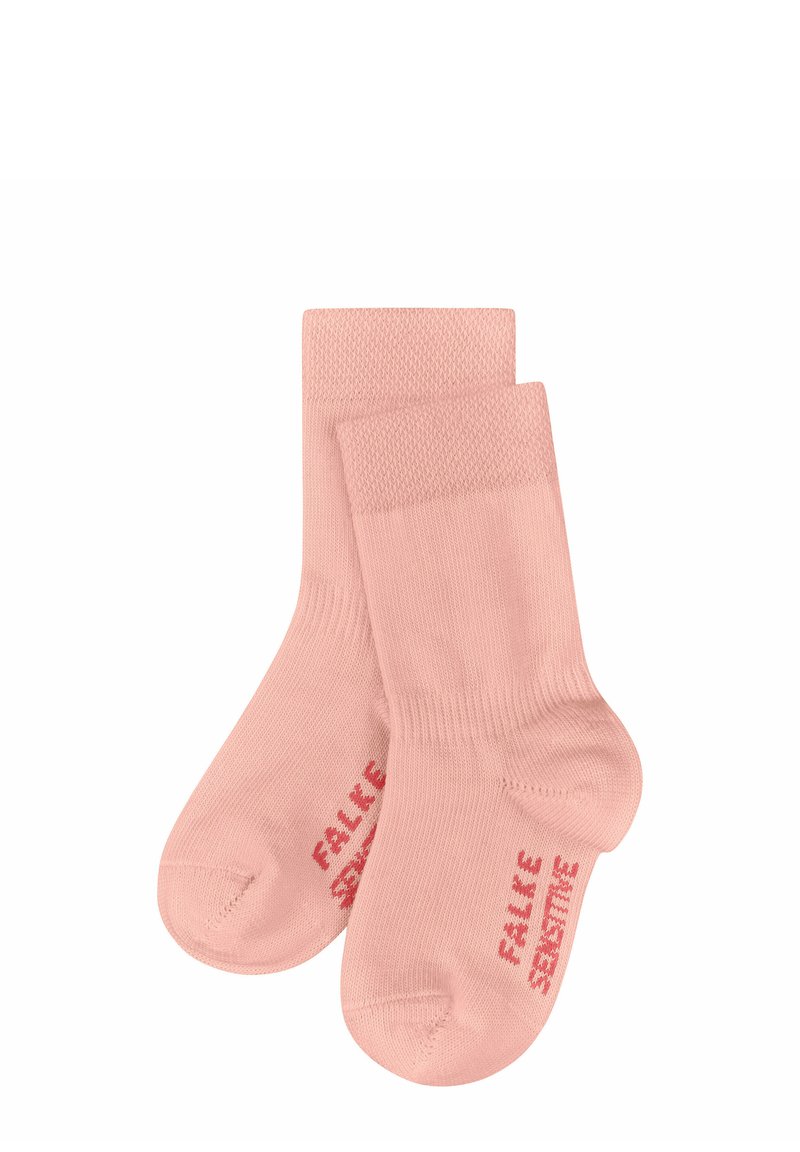 Rosa Baumwoll-Socken mit knöchellanger Höhe, geribbelter Textur und rotem Druck-Logo an der Seite. Entwickelt für Komfort und den täglichen Gebrauch.