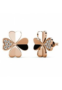 Roze gouden oorbellen in klavervorm met zwarte accenten en zes ingegoten heldere rhinestones. Gladde, glanzende afwerking met een klassieke uitstraling.