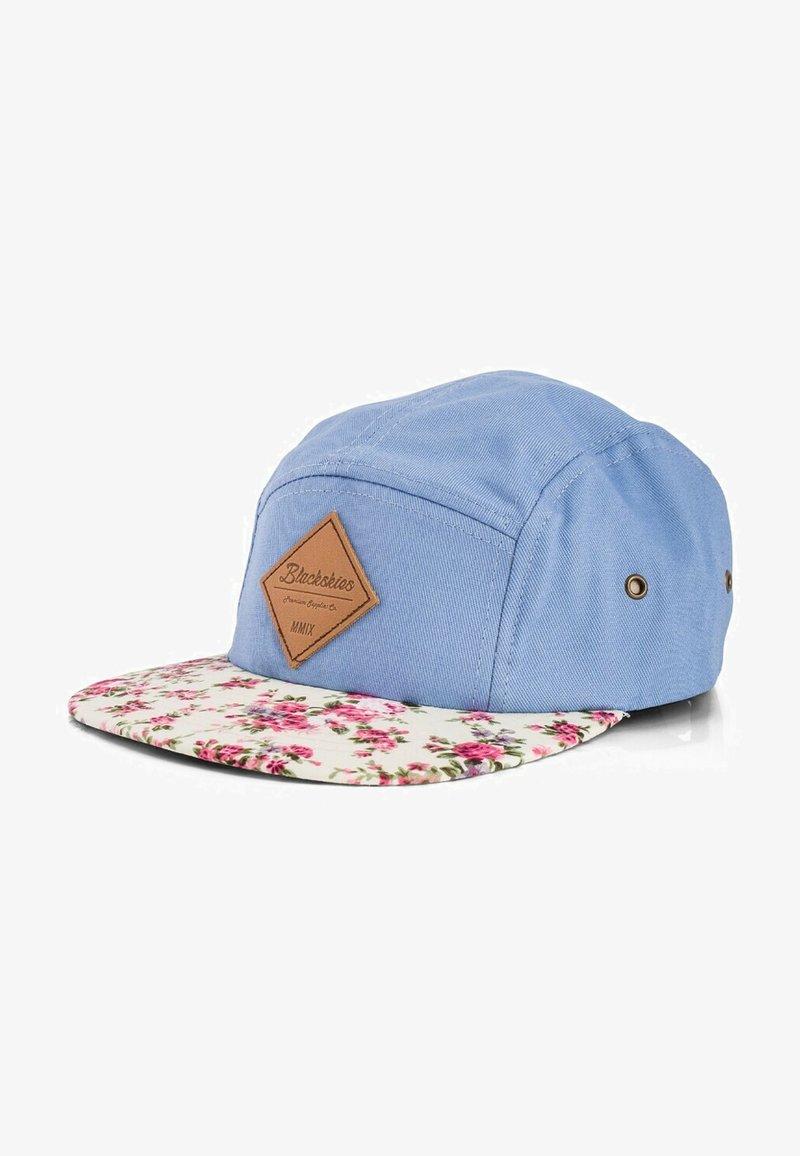 Hele sinine kork lamedate äärtega. Lillemustriline äärte kangas. Omab pruuni rombikujulist patši tekstiga. Valmistatud puuvillast. Kaks külge ventileerimisauku.