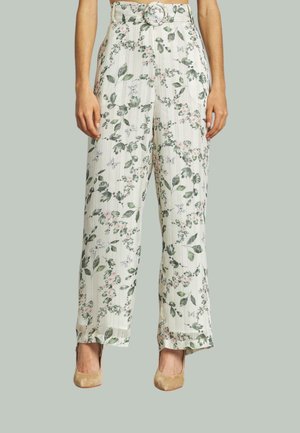 Pantaloni a gamba larga in tessuto leggero con stampa floreale, featuring foglie verdi e fiori rosa, abbinati con una cintura coordinata e design a vita alta.