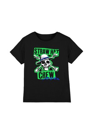 Black t-shirt featuring a white skull with crossed bones wearing a straw hat, with "Straw Hat Crew" text in green and blue accents.