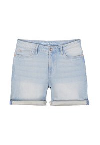 Shorts en denim bleu clair avec taille haute, ourlets retroussés, cinq poches et fermeture à bouton à l'avant. Lavage délavé avec une texture subtile.