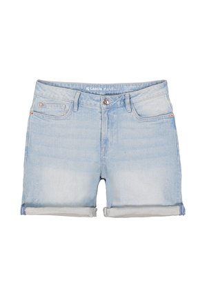 Lichtblauwe denim shorts met een hoge taille, opgerolde omslagen, vijf zakken en een sluiting met een knoop aan de voorkant. Vervaagde wassing met subtiele textuur.