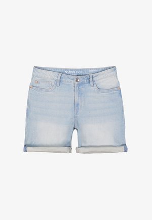 Helles blaugraues Denim-Shorts mit hoher Taille, umgeschlagenen Säumen, fünf Taschen und einem vorderen Knopfverschluss. Ausgewaschene Optik mit subtiler Textur.