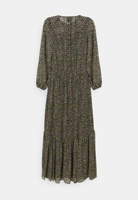 Robe longue noire avec un motif floral vert, rose et violet, manches longues, taille cintrée et jupe à volants.