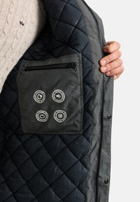 Main tenant une veste matelassée ouverte montrant une poche intérieure zippée avec des icônes indiquant résistance à l'eau, coupe-vent, respirabilité et résistance au froid.