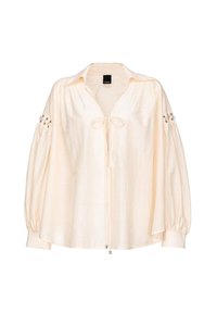 Blusa beige chiaro realizzata in tessuto morbido, con chiusura a grazia al colletto e dettagli decorativi in argento sulle maniche a palloncino.