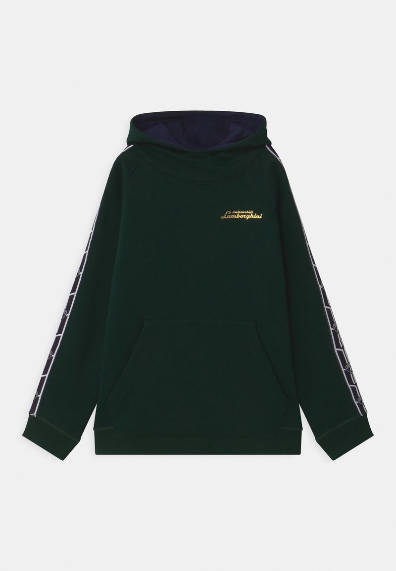 Dark green hoodie with a navy interior, featuring a gold Lamborghini logo, a front pouch, and patterned white side stripes.