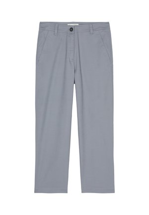 Hellgraue, gerade geschnittene Hose mit vorderen Taschen, Gürtelschlaufen, Knopfverschluss und Reißverschluss, aus glattem Stoff gefertigt.