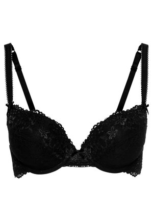Soutien-gorge en dentelle noire avec des bonnets rembourrés, bordure en dentelle florale, bretelles réglables et fermeture à crochet au dos. Détail de surface texturée.