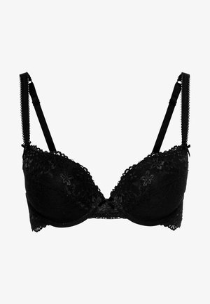 Zwarte kanten bh met gewatteerde cups, bloemenkante rand, verstelbare bandjes en een haak-en-oogsluiting op de rug. Gestructureerd oppervlakdetail.