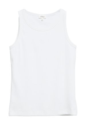 Weißes ärmelloses Tanktop mit rundem Ausschnitt und dezent gesticktem Logo, zentriert unter dem Ausschnitt.