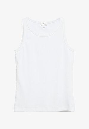 Débardeur blanc sans manches avec encolure ronde et logo brodé discret centré sous l'encolure.