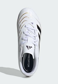 White soccer cleat with gold and black accents, textured upper, laces, and the word "PREDATOR" printed on the side. Rounded toe design.
