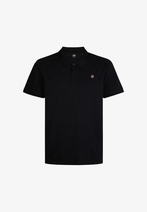 Polo nero a maniche corte, con colletto e un piccolo logo ricamato sul lato sinistro del petto. Realizzato in un tessuto liscio e uniforme.