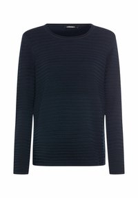 Dunkelblauer Langarmpullover aus strukturiertem Gewebe mit horizontalen Rippmustern. Rundhalsausschnitt und lockere Passform.