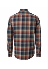 Langarm flanellen overhemd met een multicolor ruitpatroon in rood, zwart en beige, van achteren getoond met geknoopte manchetten.