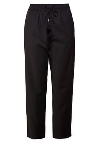 Pantalons noirs légers avec une taille élastique. Comprend un cordon de serrage et deux pompons comme accents. Design à jambe droite.