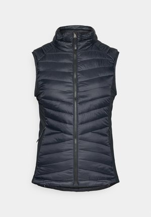 Crna prsluk s podstavom i visokim ovratnikom, prednjim zatvaračem i bočnim džepovima. Teksturirana tkanina s chevron uzorkom, kontrastne bočne panele.