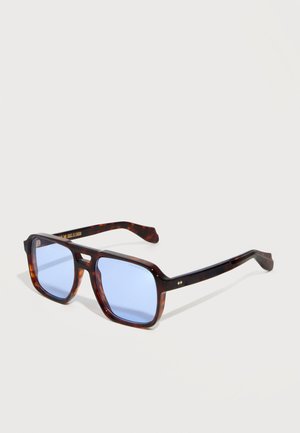 Pruun kilpkonna-koorega ristkülikukujulised prillid helesiniste toonitud läätsedega, asetatud valgele pinnale.