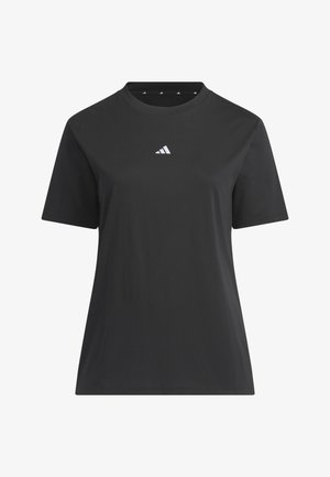 Schwarzes T-Shirt mit kurzen Ärmeln und Rundhalsausschnitt, mit einem kleinen weißen Adidas-Logo in der Mitte der Brust.