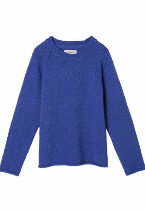 Pull en laine bleu vif, avec un col rond et des manches longues. Le tissu texturé apporte de la profondeur. Pas de motifs ou détails supplémentaires.