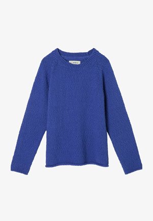 Gestrickter Pullover in leuchtendem Blau mit rundem Ausschnitt und langen Ärmeln. Strukturierter Stoff verleiht Tiefe. Keine weiteren Muster oder Details.