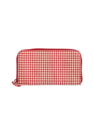 Rød og hvid lynlåspung med houndstooth mønster, tekstilmateriale, rektangulær form og rød kant.