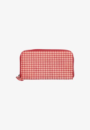 Rød og hvid lynlåspung med houndstooth mønster, tekstilmateriale, rektangulær form og rød kant.