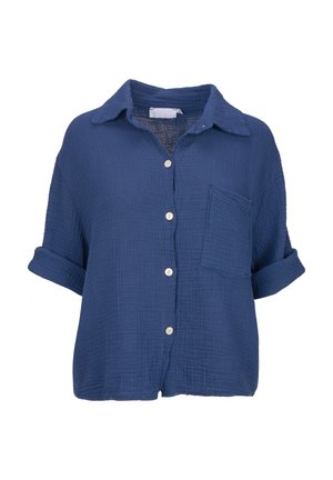 Kurzärmliges, knöpfbares Hemd aus strukturiertem blauen Stoff mit einer Brusttasche und aufgerollten Ärmeln. Mit einem klassischen Kragen und Vorderknöpfen.