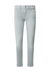 Světle šedé džíny z denimu se slim fit střihem, pěticípým designem kapes a knoflíkovým zapínáním v pase. Látka má hladkou texturu.
