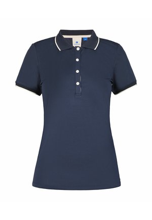 Marineblå poloshirt lavet af glat stof, med klassisk krave, forreste knaplukning og kontrasterende hvide kanter på kraven og ærmerne.