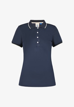 Marineblauw poloshirt gemaakt van gladde stof, met een klassieke kraag, knoopsluiting aan de voorkant en contrasterende witte bies op de kraag en mouwen.
