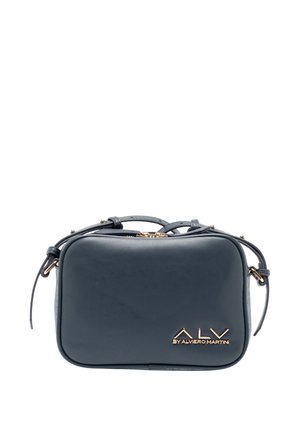 Borsa a tracolla rettangolare in pelle blu scuro con dettagli in oro. Caratterizzata da doppi manici e chiusura con zip. Logo impresso sul davanti.